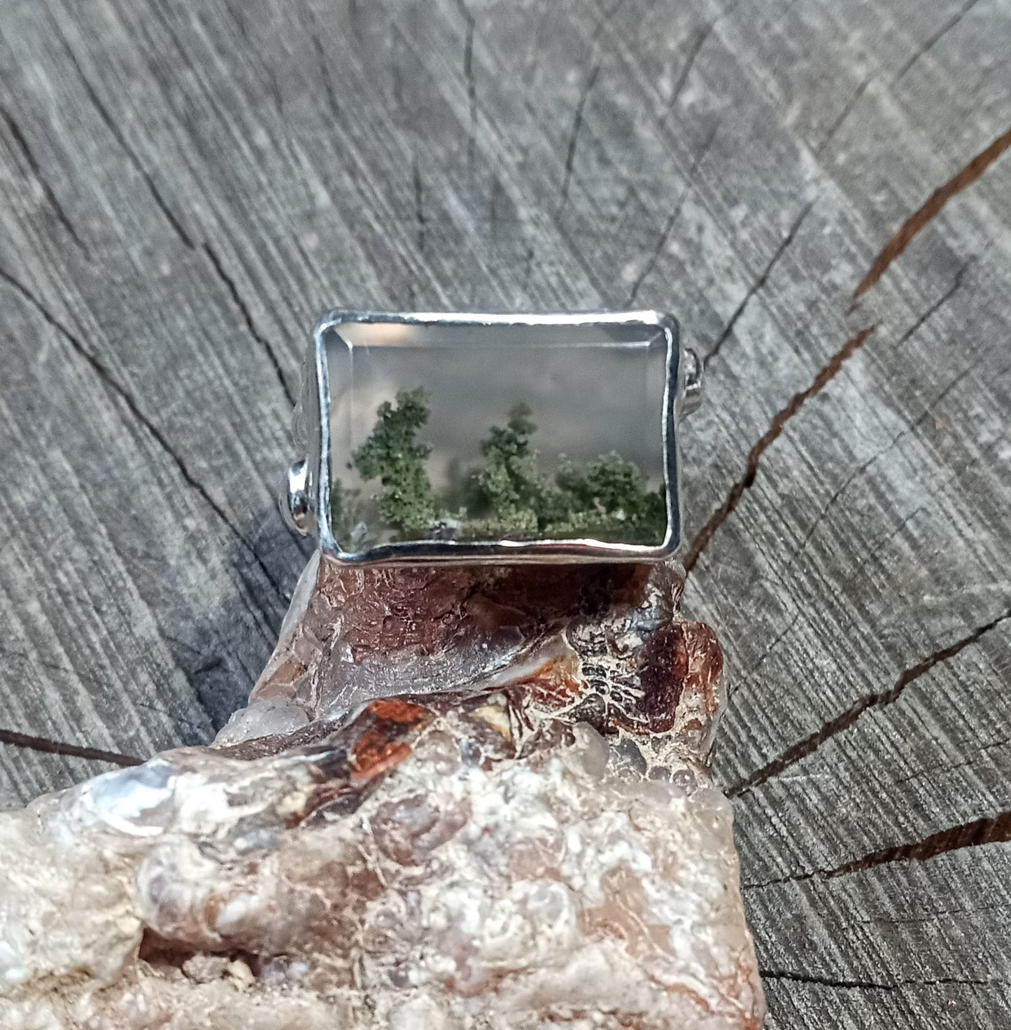 Outstanding scenic agate ring size 9 handcrafted pure fine silver