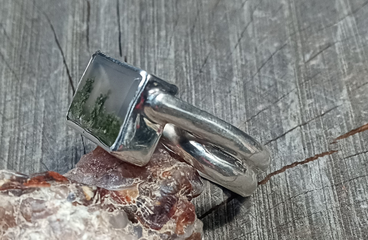 Outstanding scenic agate ring size 9 handcrafted pure fine silver
