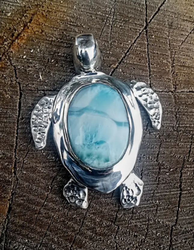 Larimar sea turtle 3 dimensional fine silver pendant one of a kind