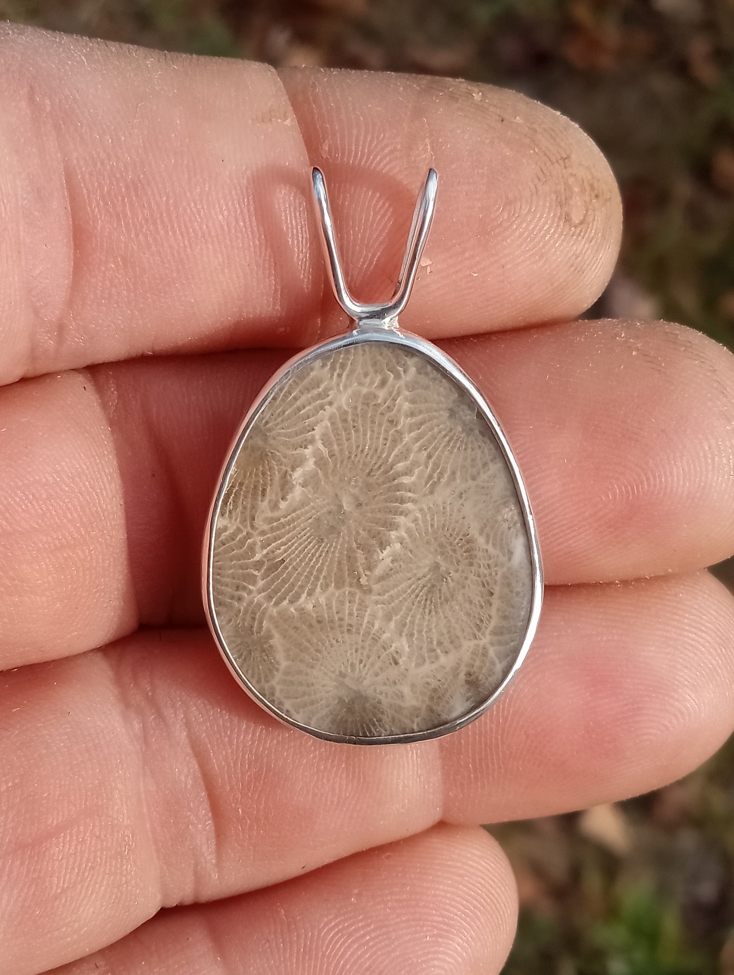 Beautiful vivid Petoskey stone pendant in fine silver