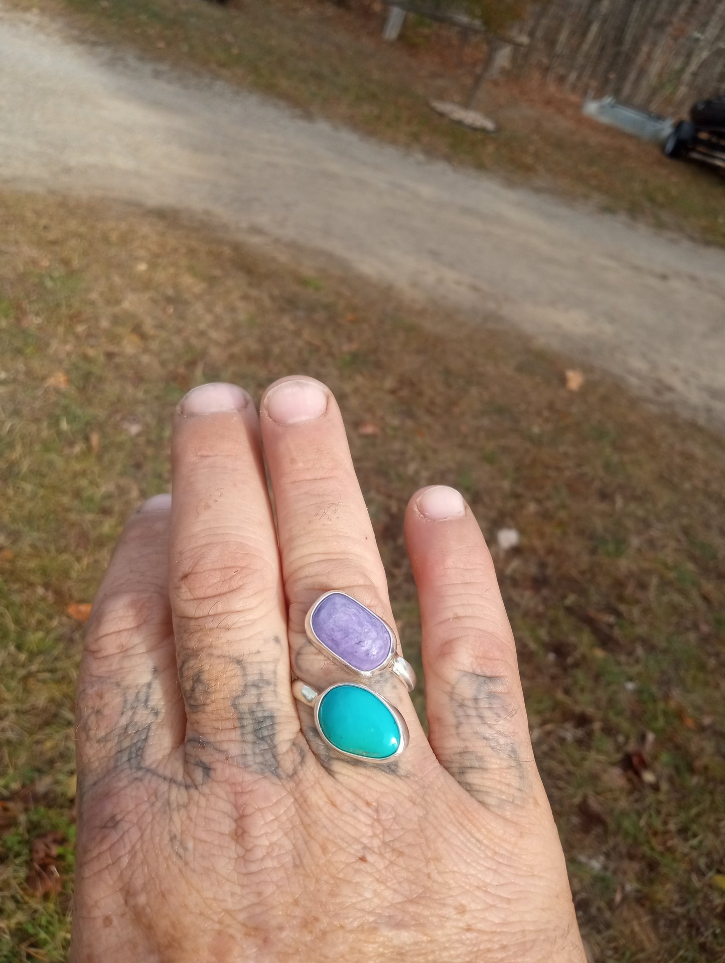 Turquoise and charoite bypass ring in fine silver