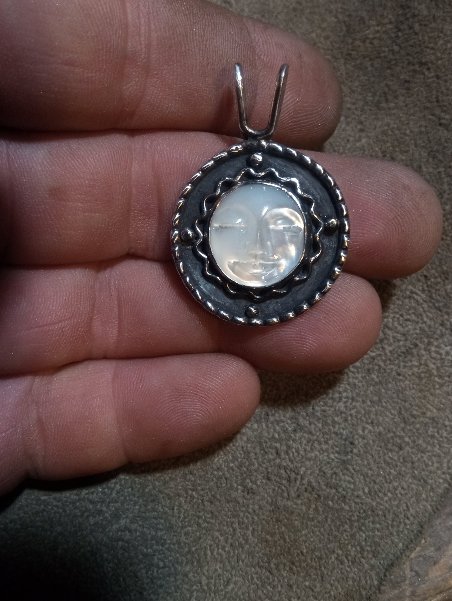 Handcrafted Moon face fine silver pendant