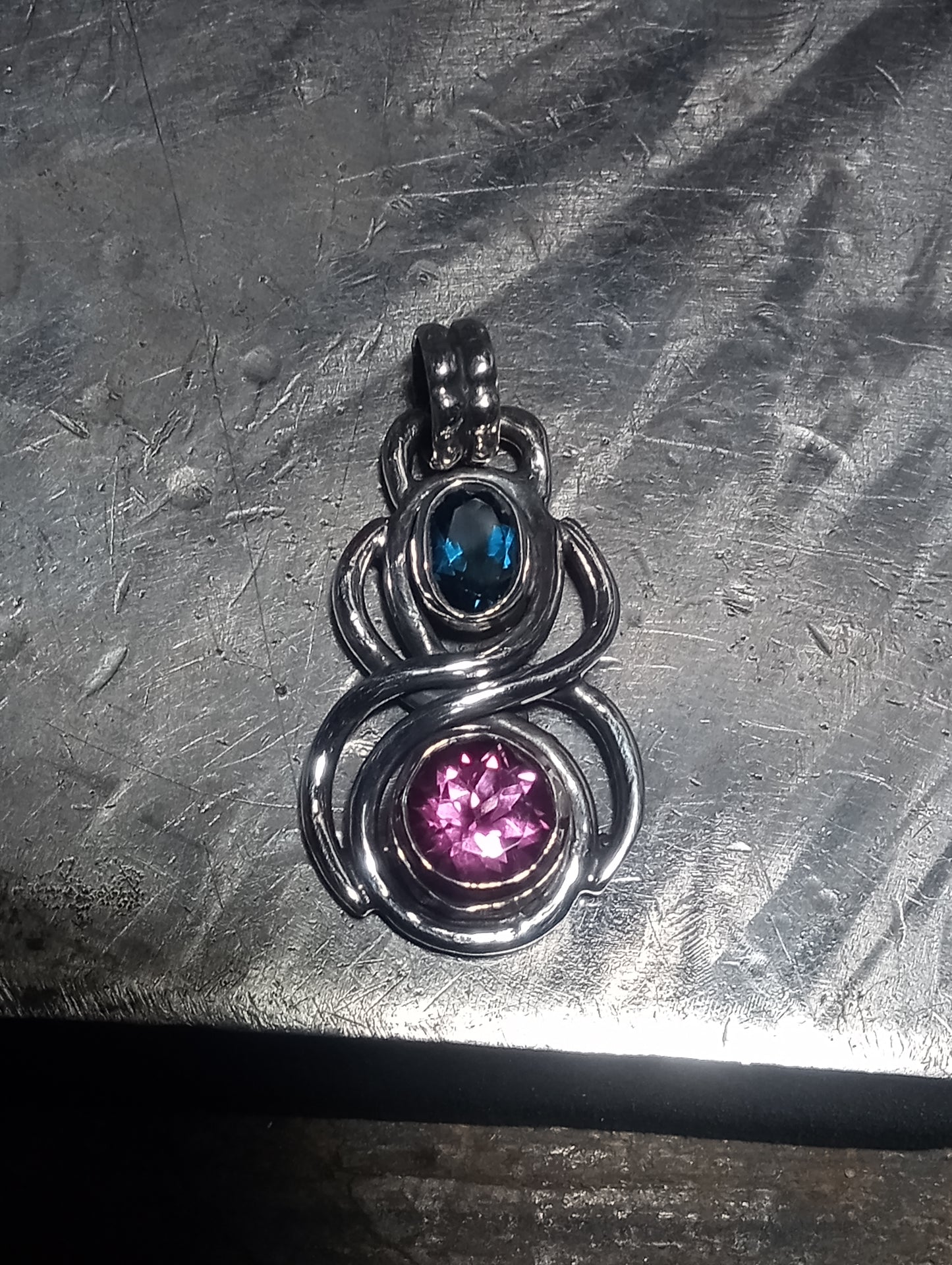 London blue and pure pink topaz fine silver pendant