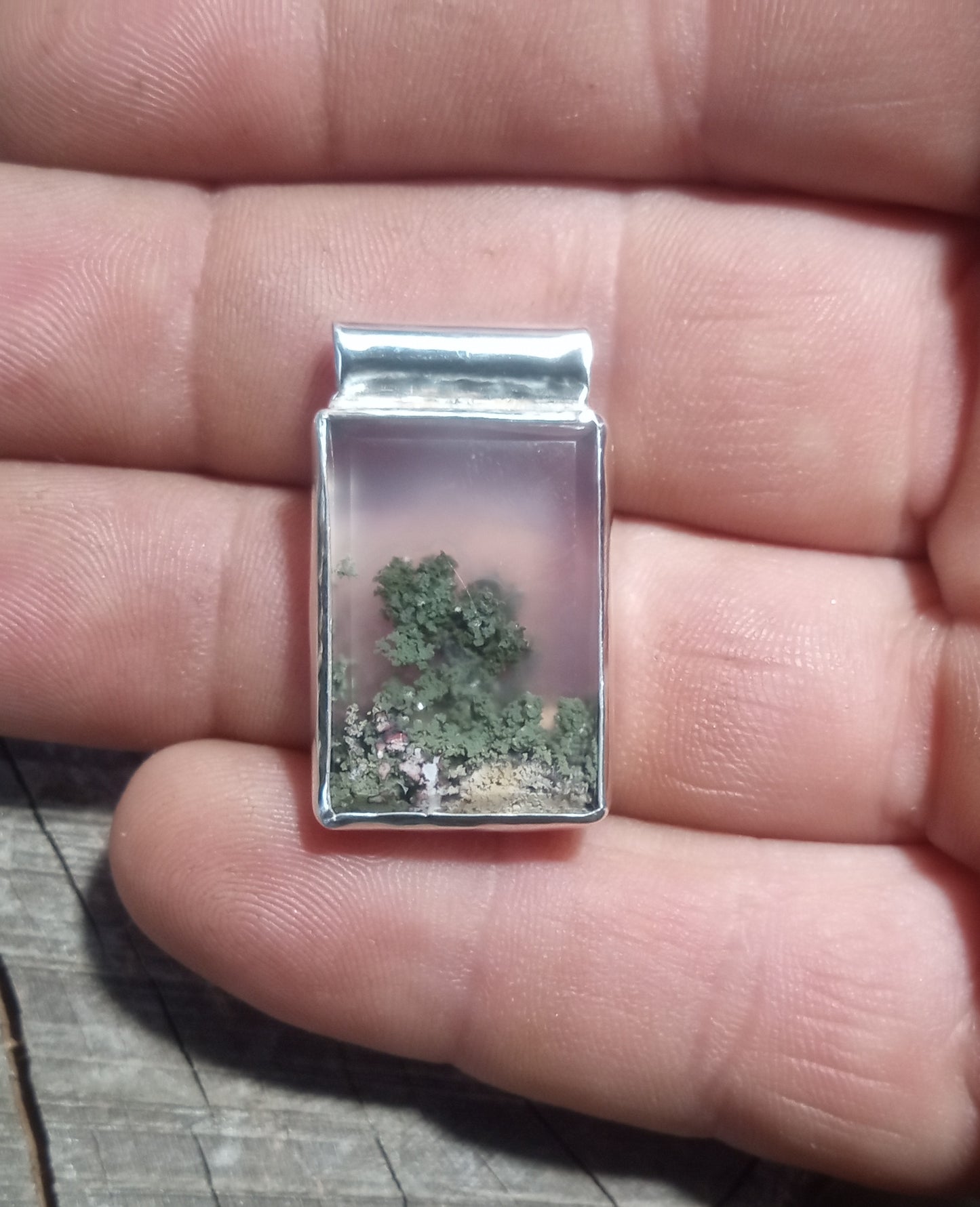 Scenic moss agate tree pendant and fine silver
