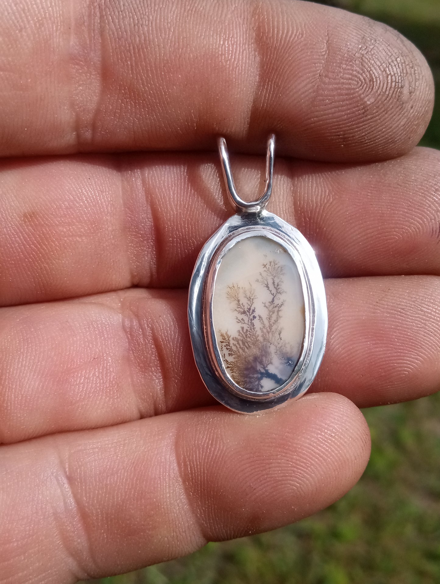 Handcrafted scenic Dentritic agate and fine silver pendant