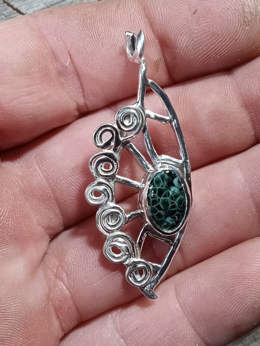 Beautiful leaf inspired Michigan Greenstone in fine silver
