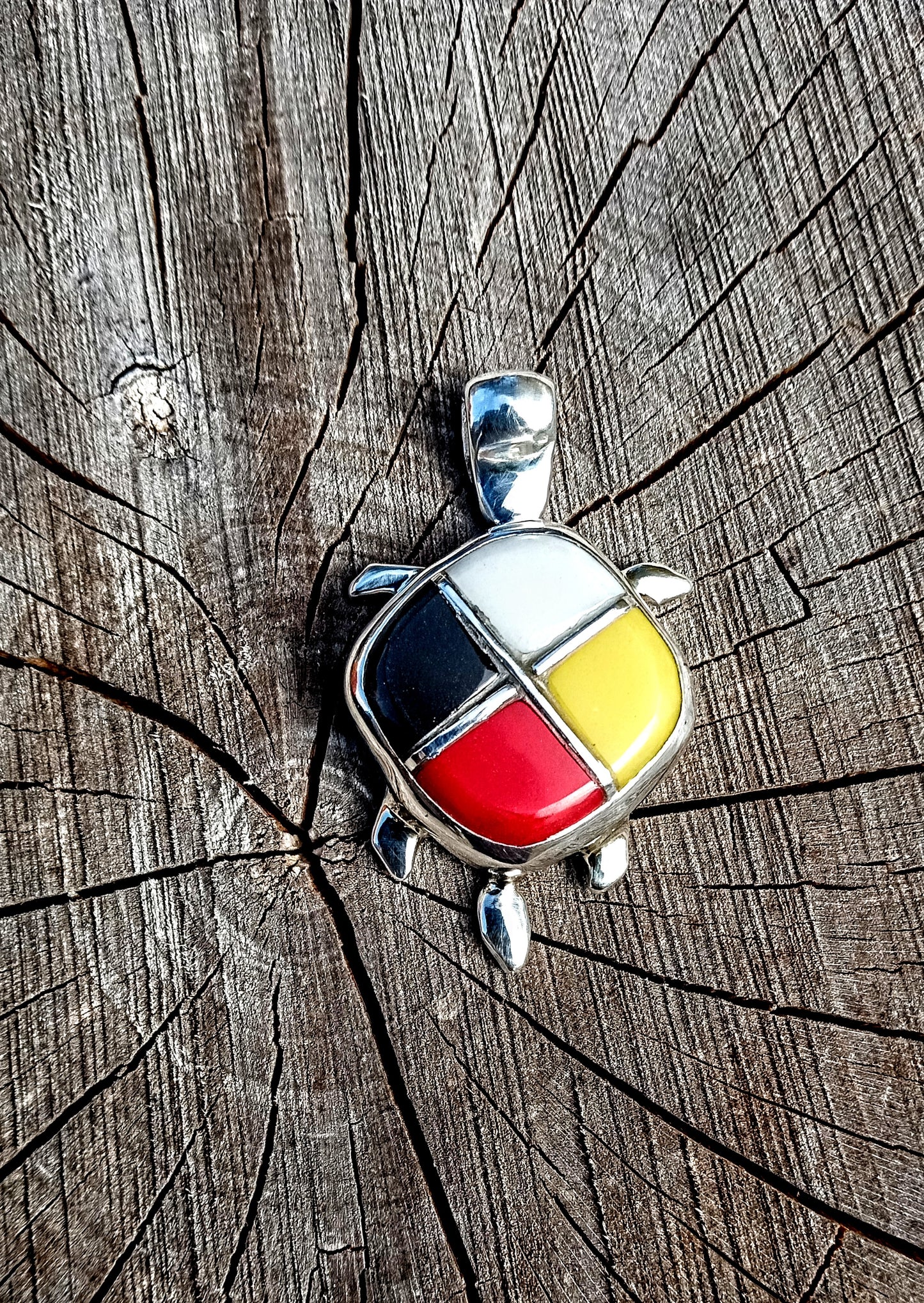 Native American Medicine wheel turtle and fine silver pendant