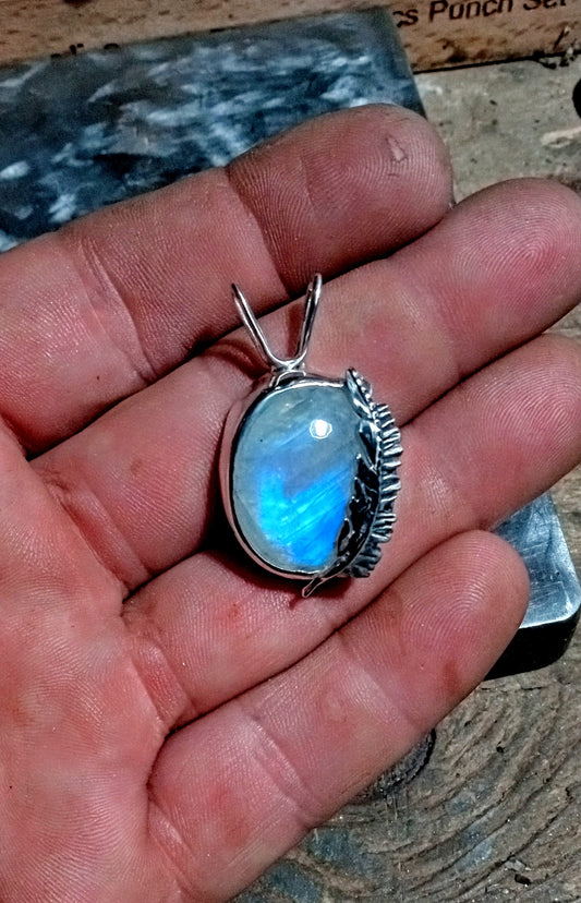 SOLD Large blue flash moonstone and fine silver with handcrafted feather