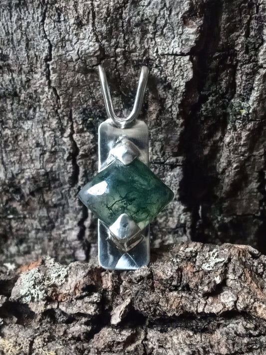 Square cut moss agate pendant in fine silver