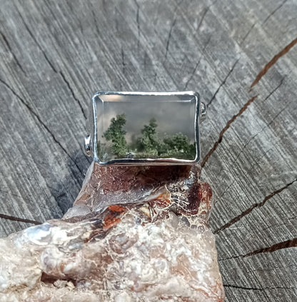Outstanding scenic agate ring size 9 handcrafted pure fine silver