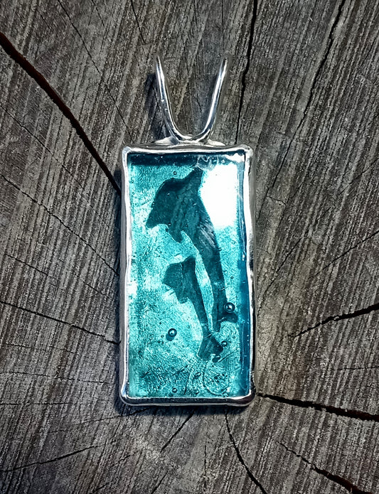 Dolphins and stain glass fine silver pendant