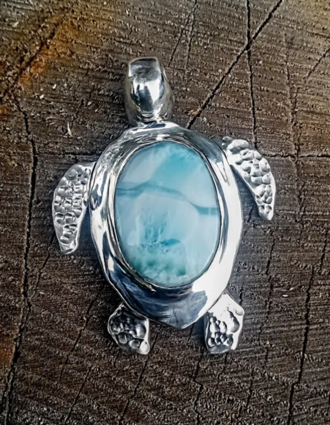 Larimar sea turtle 3 dimensional fine silver pendant  one of a kind