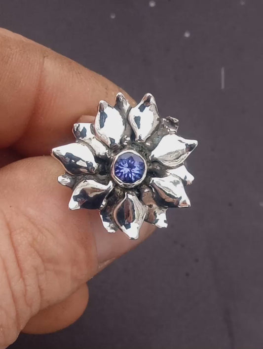 Tanzanite flower and fine silver ring