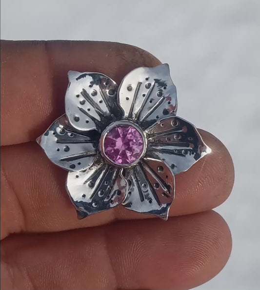 Pink Sapphire flower pendant fine silver