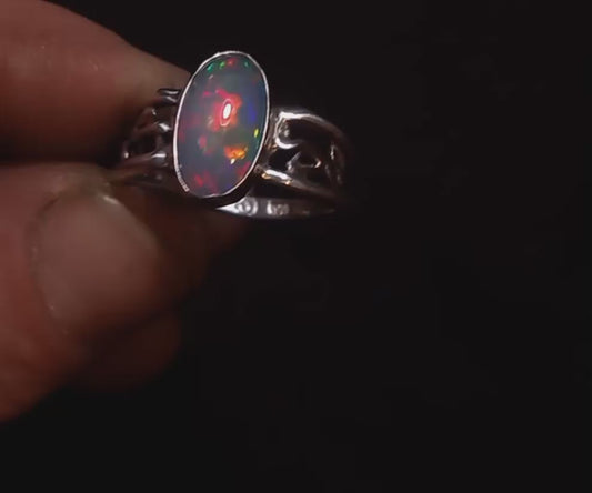 Top AAA quality opal and fine silver ring size 9.5 with vines on the ring shank