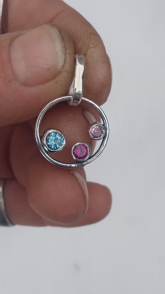 Aquamarine, rhodolite garnet, pink tourmaline fine silver pendant