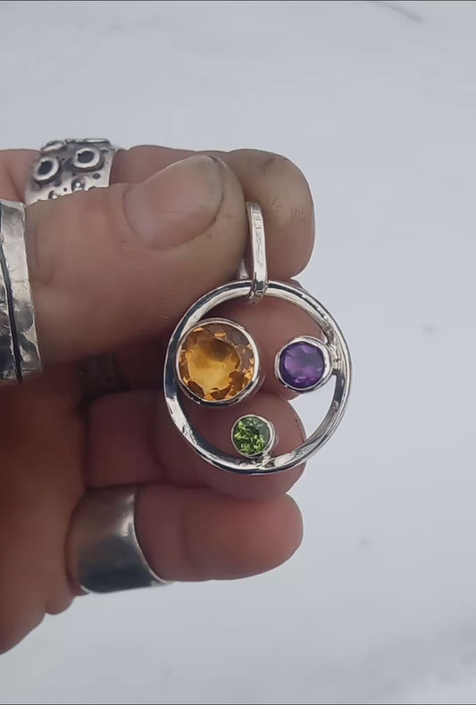 Citrine , Amethyst and Peridot pendant fine silver