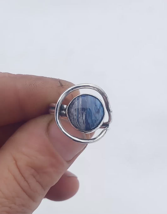 Blue swirl slag glass ring fine silver size 9