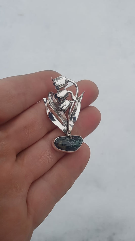 Lily of the valley and Greenstone pendant fine silver