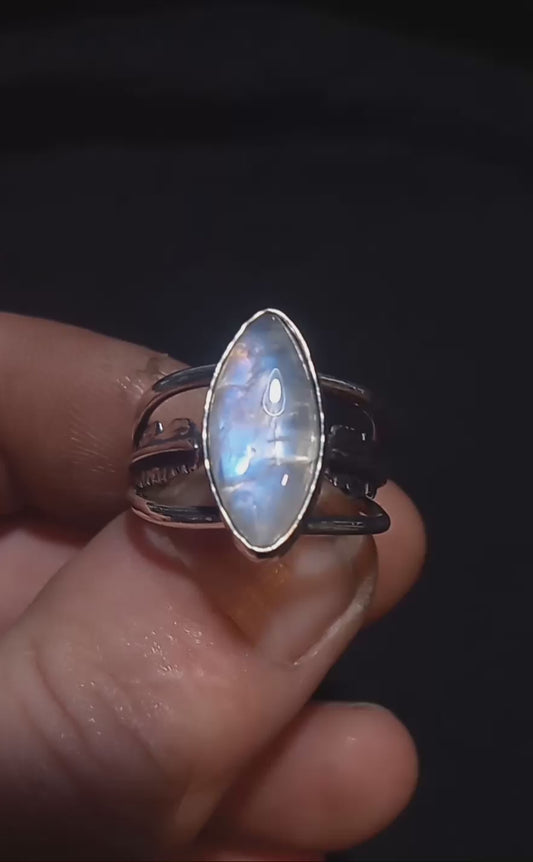 Moonstone and feather ring fine silver size 9