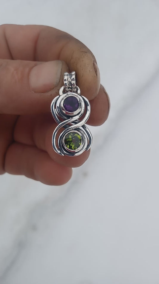 Peridot and amethyst fine silver pendant