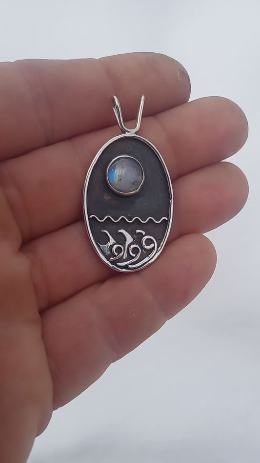 Blue moonstone and water pendant fine silver