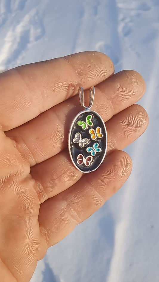 Cloisonne butterfly pendant fine silver