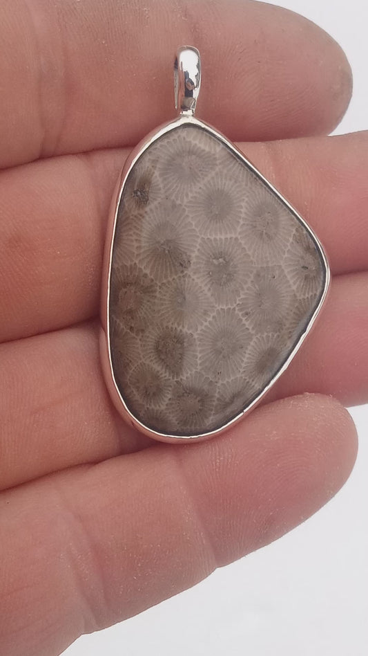 Petoskey stone fossil pendant fine silver