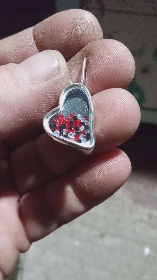 Shadow box heart and crystal fine silver pendant