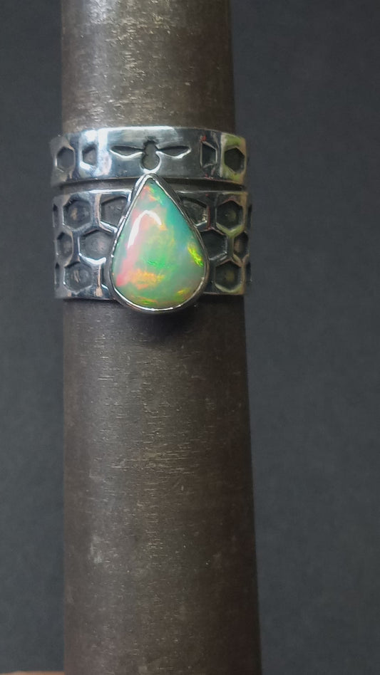Bees honeycomb and opal ring fine silver . Set can be broken up .