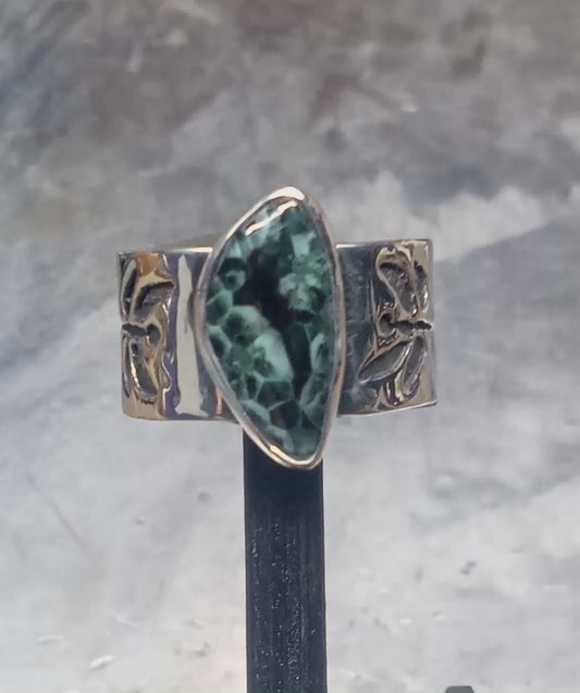 Dragonfly Greenstone fine silver ring .