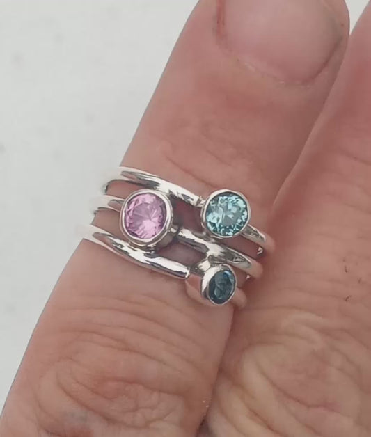 Pink sapphire and aquamarine ring fine silver