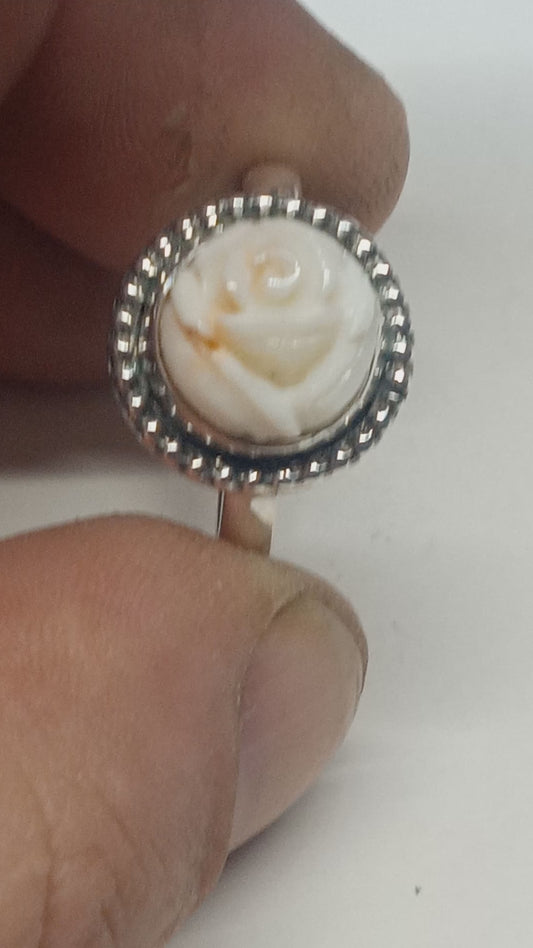 Rose carved coral ring fine silver