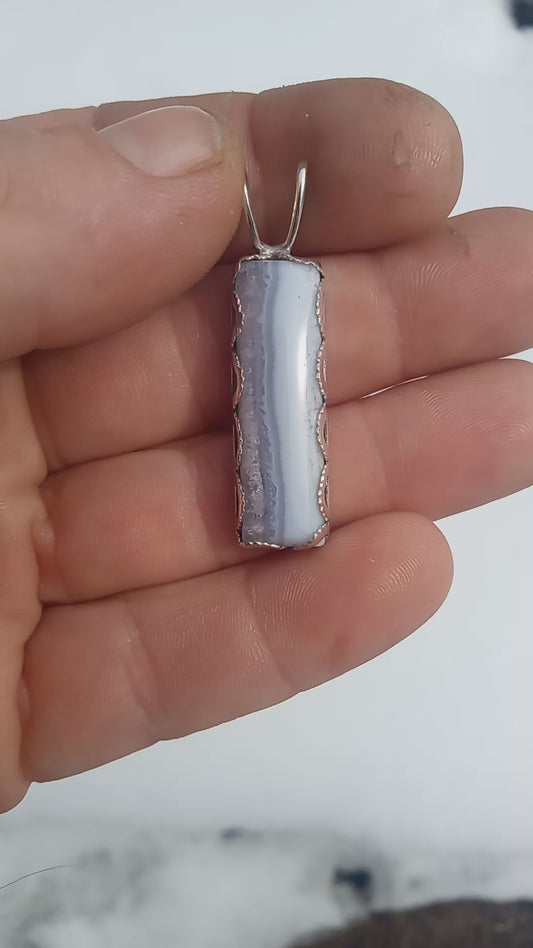 Blue lace agate and scalloped bezel fine silver pendant