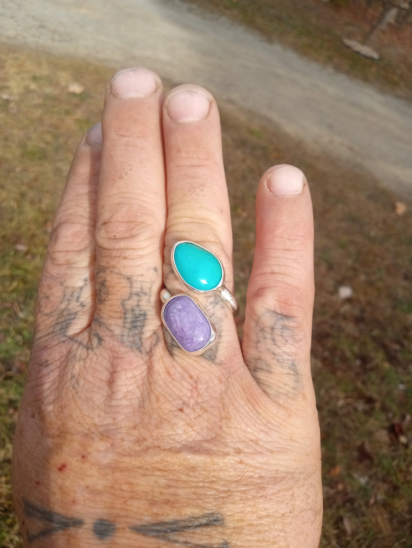 Turquoise and charoite bypass ring in fine silver