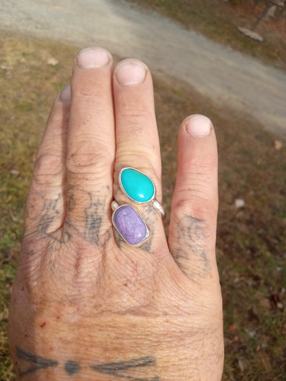 Turquoise and charoite bypass ring in fine silver