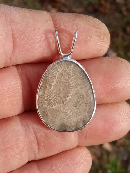 Beautiful vivid Petoskey stone pendant in fine silver