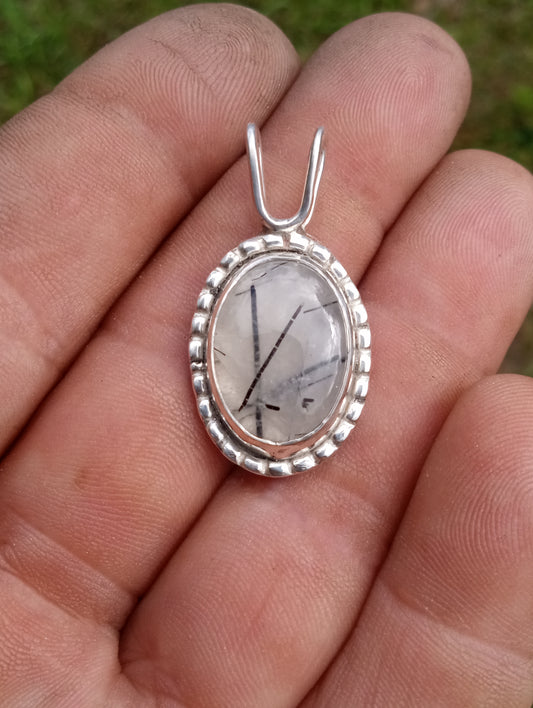 Handcrafted Black tourmaline rutiled quartz and fine silver pendant