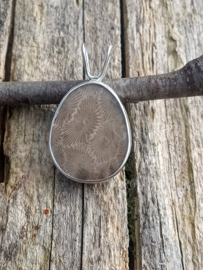 Beautiful vivid Petoskey stone pendant in fine silver