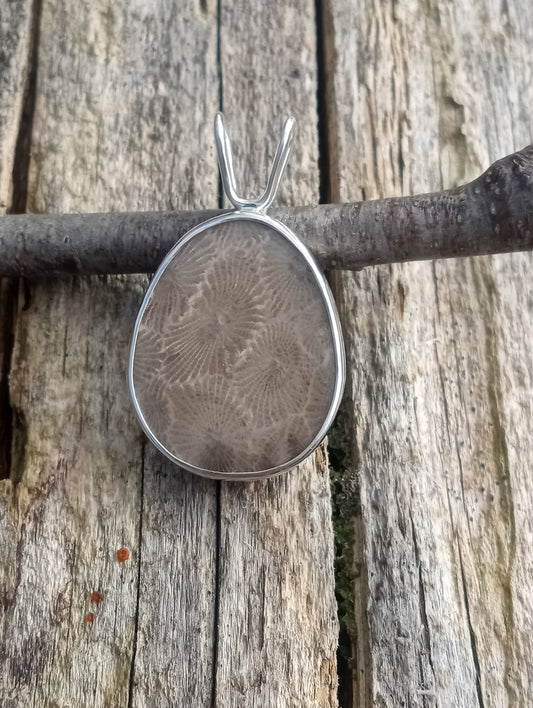 Beautiful vivid Petoskey stone pendant in fine silver
