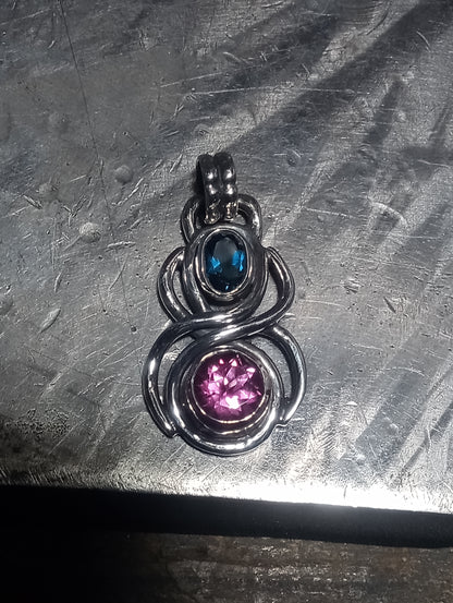 London blue and pure pink topaz fine silver pendant