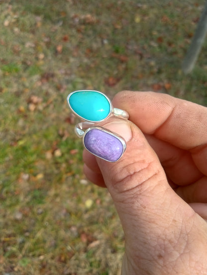 Turquoise and charoite bypass ring in fine silver