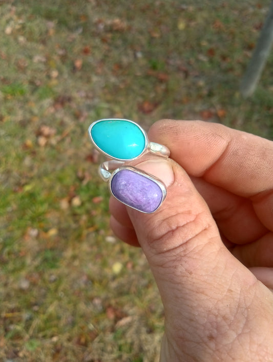 Turquoise and charoite bypass ring in fine silver