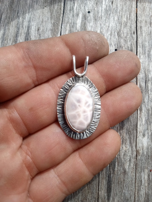 Handcrafted Pink larimar and pure fine silver pendant