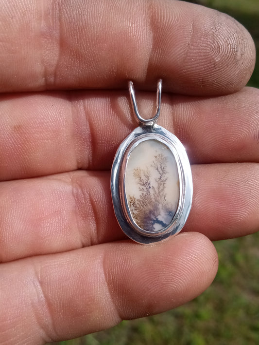 Handcrafted scenic Dentritic agate and fine silver pendant