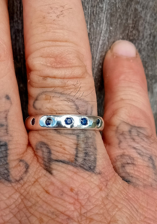 5 sapphire flush set fine silver ring