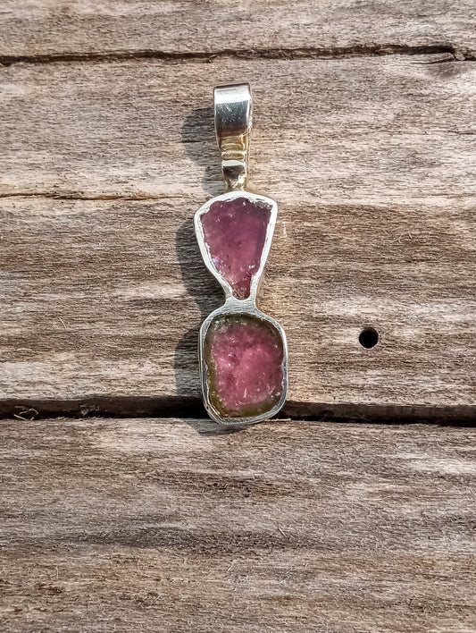 Pink tourmaline and watermelon tourmaline pendant in fine silver