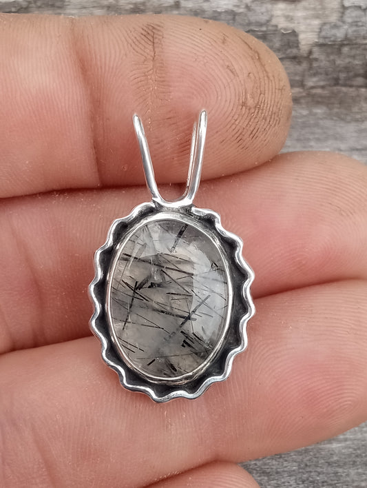 Black tourmaline rutiled quartz pendant fine silver