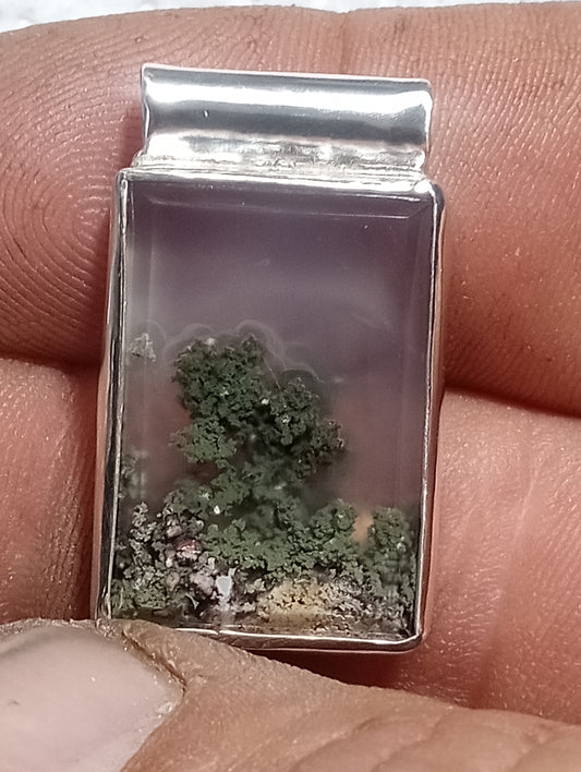 Scenic moss agate tree pendant and fine silver