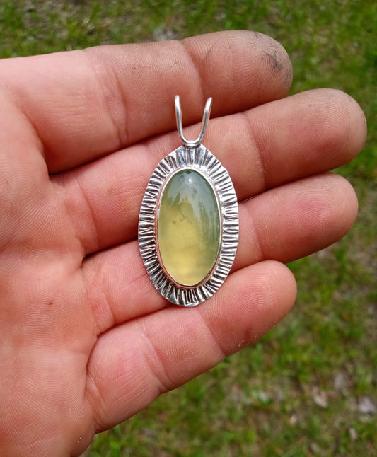 Stunning prehnite set in handcrafted fine silver
